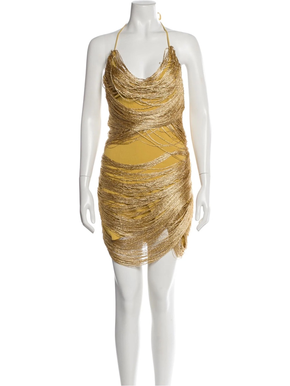 Michael Costello Metallic Gold Fringe Cowl Halter Mini Dress